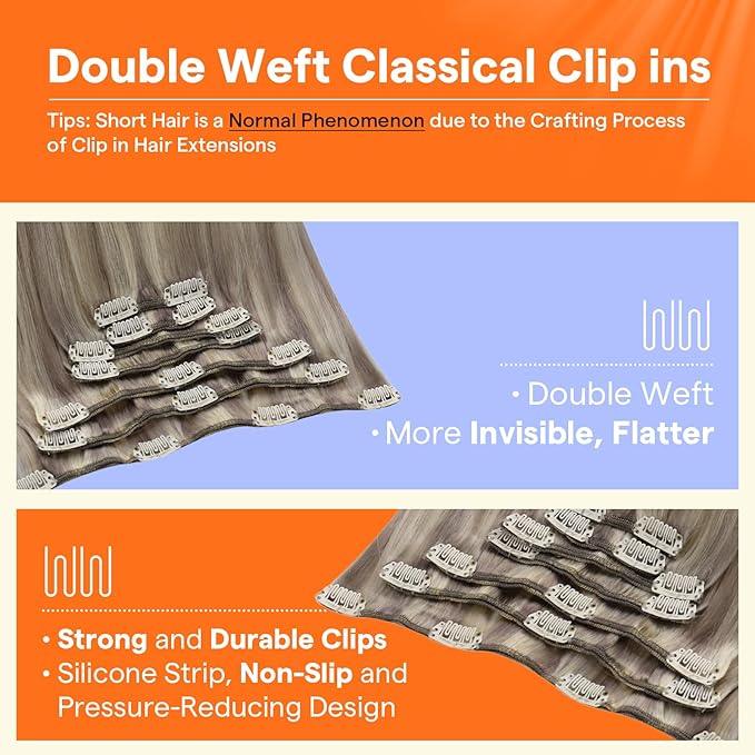 Full Shine Blonde Highlights Human Hair Extensions Clip ins 20 Inch Gray Highlights Platinum Blonde Remy Hair Clip in Extensions Silky Long Straight 120 Grams