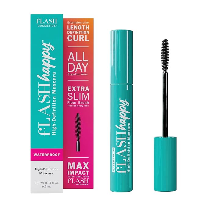 fLASH Happy High-Definition Waterproof Mascara with Ultra-slim Brush for Length, Volume, Curl - All Day Stay-put Wear with Lash Enwrapping Technology - Clean Vegan Formula, Paraben-free (True Black)