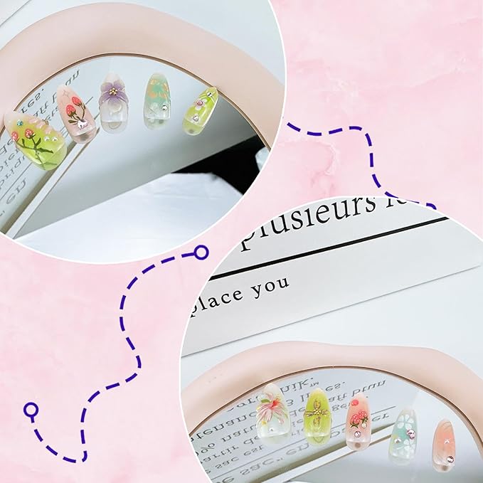 30pcs Flower Press on Nails Medium Almond Fake Nails with 3D Flower Strawberry Designs Handmade False Nails Gold Beads Bow Star Rhinestones Stick on Nails Floral Full Cover Glue on Nails for Women