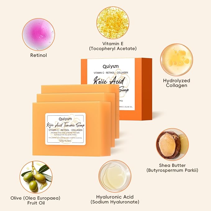 Kojic Acid Turmeric Soap, Dark Spot Remover for Face, Skin Care Sets, Facial Skin Care Products, Even Skin Tone, Moisturizing & Nourishing, 3 Pack+ African Net Sponge