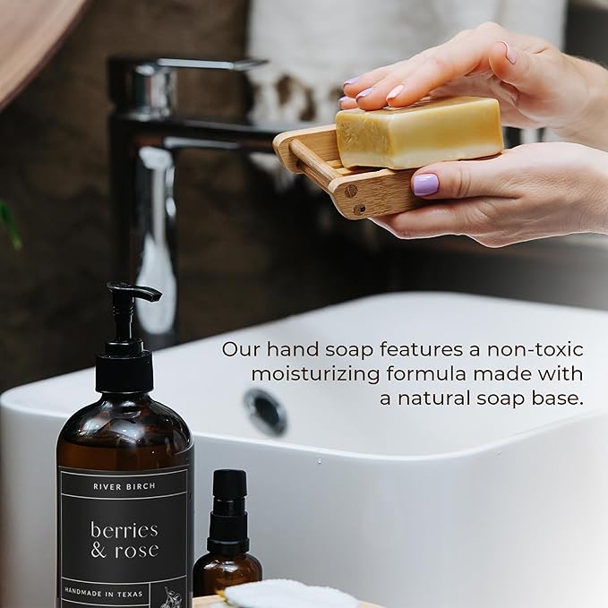 River Birch Berries & Rose Scented Natural Hand Soap - Handmade Soap - Moisturizing Hand Wash with Amber Dispenser - Luxury Scented Hydrating Hand Soap - Vegan and Non Toxic - 16 Fl Oz