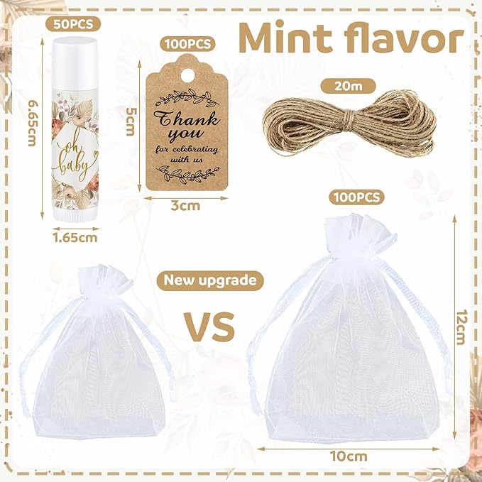 Demissle 50 Pcs Baby Shower Lip Balm Gift Set with 100 Pcs Organza Bags Baby Shower Party Favor for Guest Thank You Tag Rope Baby Shower Party Decoration Gender Reveal Souvenirs(Colorful Plants)