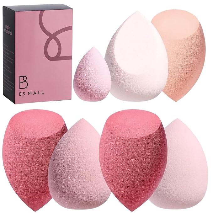 Makeup Sponge Set BS-MALL with Storage Case 7 Pcs for Liquid, Cream, and Powder,SAVE Foundation with 1 Mini Makeup Sponge For Travel Daily Use (A-Pink）