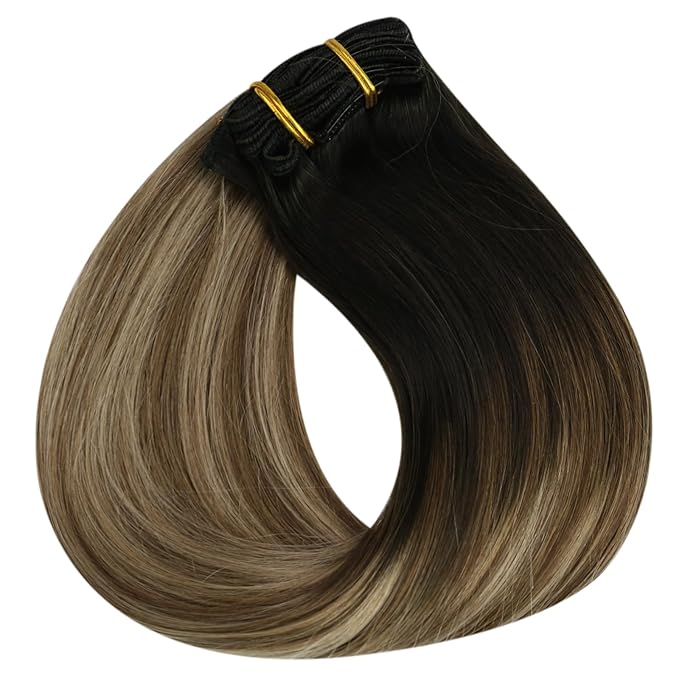 Full Shine Clip in Hair Extensions Real Human Hair Black Ombre Natural Black to Light Brown Mix Honey Blonde Human Hair Extensions Clip ins Balayage 120 G 7 Pcs 22 Inch