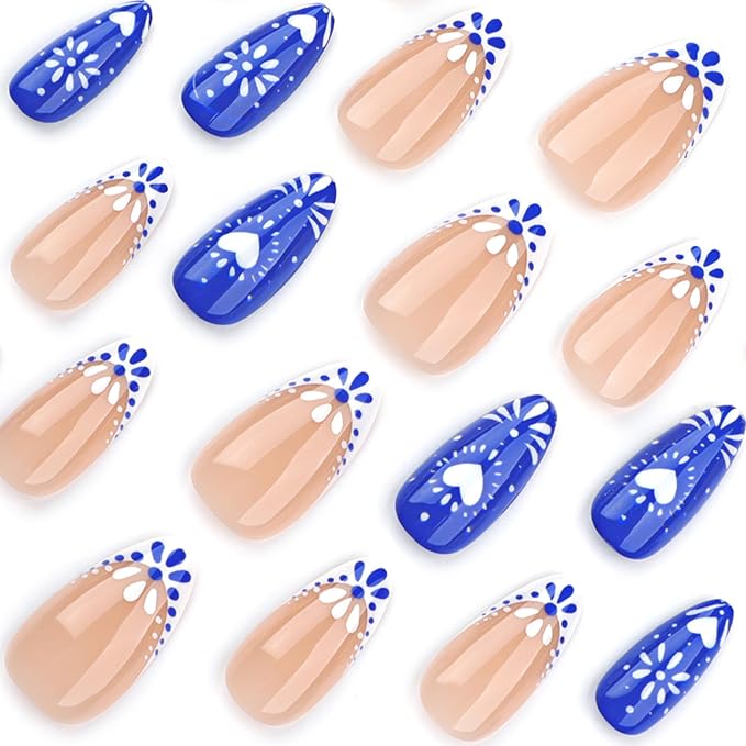 Blue French Tips Press On Nails Short Almond, Flower Heart Sticke On Nails, Designer Reusable Acrylic Nails Press Ons, Fake Nails With Glue On Nails, Daily Wea False Nails For Women
