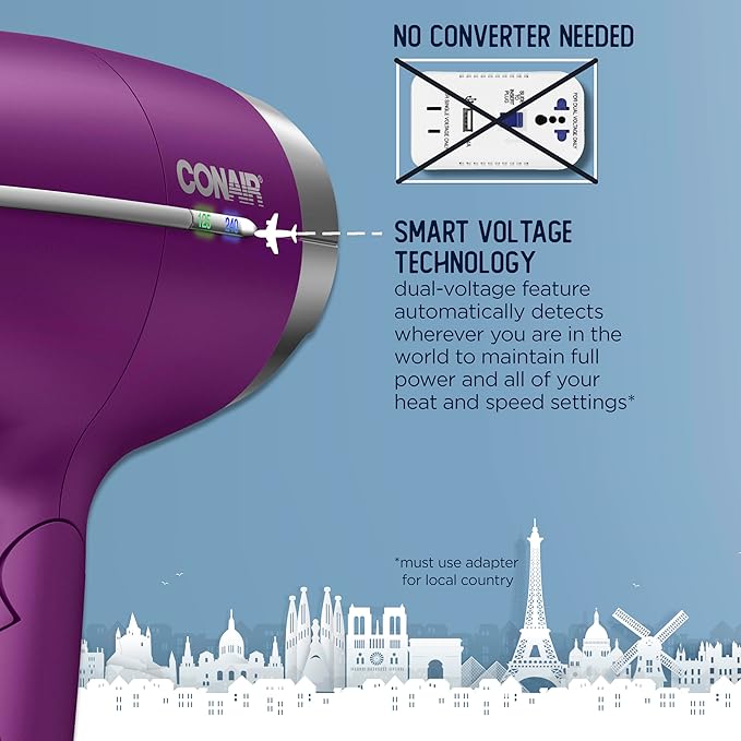 Conair Hair Dryer, Worldwide Travel Hair Dryer with Smart Voltage Technology and Folding Handle, Includes Diffuser and Concentrator, Purple