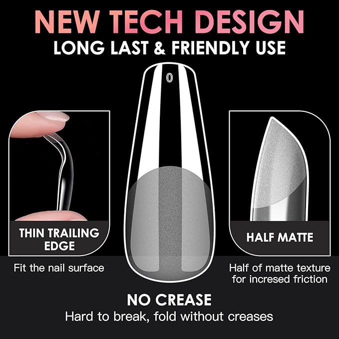 Long Coffin Soft Gel Nail Tips, BORNBYME 240 PCS Pre Buff Full Cover Shaped Nail Extenison Tips Half Matte Gel Tips