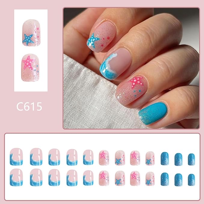 Summer Press on Nails Short Square Fake Nails with Designs Beach False Nails Plam Tree Glossy Full Cover Blue Acrylic Glue on Nails Starfish Sea Stick on Nails for Women Manicure 24 Pcs