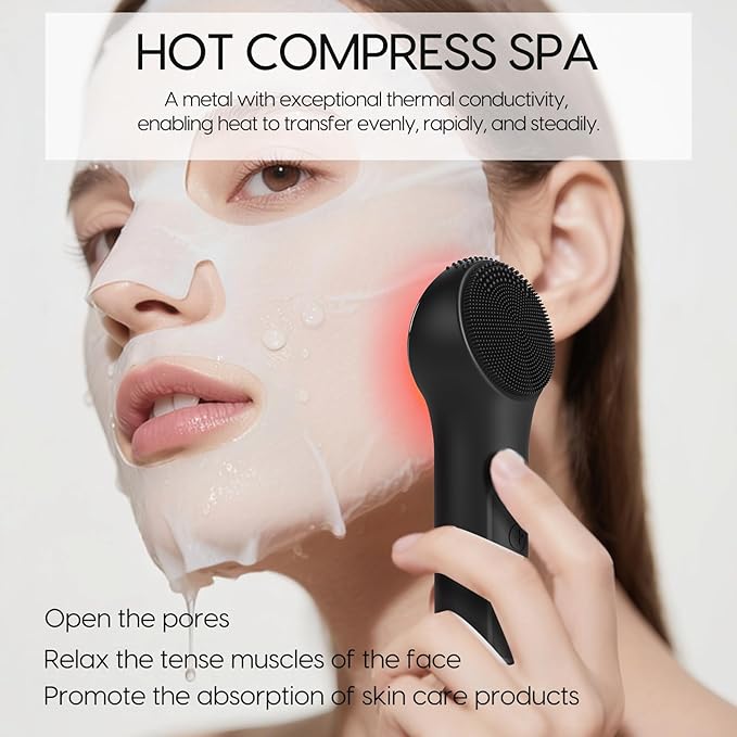 Silicone Facial Cleansing Brush, Portable Electric Face Scrubber with Heat and Vibration, 3 Modes Adjustable, Waterproof IPX6, USB-C Rechargeable, Deep Cleansing, Exfoliating and Massage（Black）