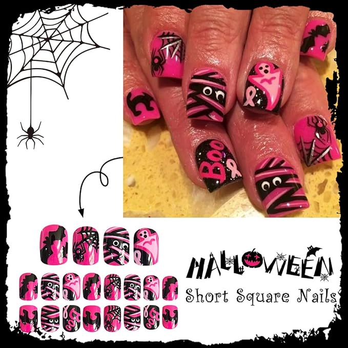 24Pcs Short Square Press on Nails Halloween Fake Nails Black Pink Ribbon Spider Web Cat Bat Design Full Cover Holiday Glue on Nails Horror Ghost False Nails for Women Acrylic Manicure Decorations