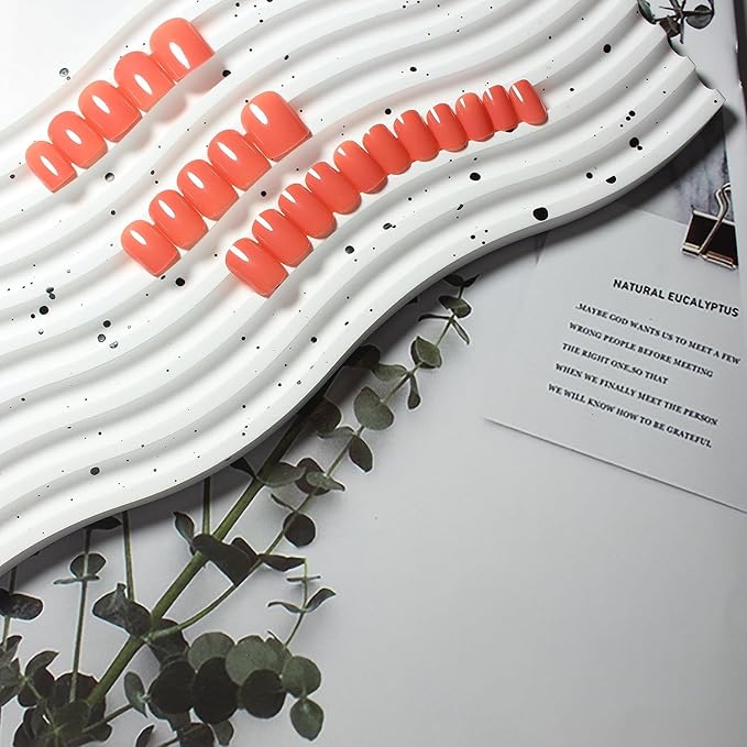 Short Square Press on Nails Orange,KQueenest Spring Gel Fake Nails Pure Color Natural Petite Nails Solid Stick on Nails for Daily Office Manicure