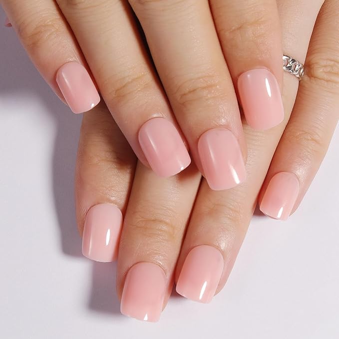 Blush Nude Press On Nails Short, Glossy Soft Gel Press On Nails Square with Nail Glue, 15 Sizes - 30 Fake Nails Kit, Thick Natural Reusable Glue On Nails for Women, Blush Serenity