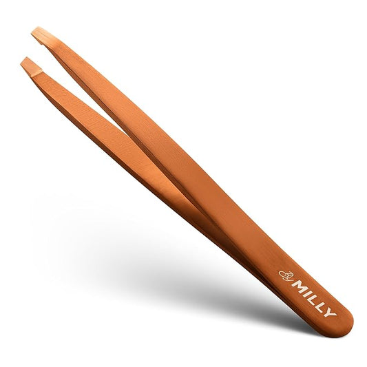 Professional Slanted Tweezers for Women and Men | High Carbon Stainless Steel Sharp Tweezer | Tweezers for Women Facial Hair Plucking, Hand-Filed & Aligned Precision Tips - Rose Gold