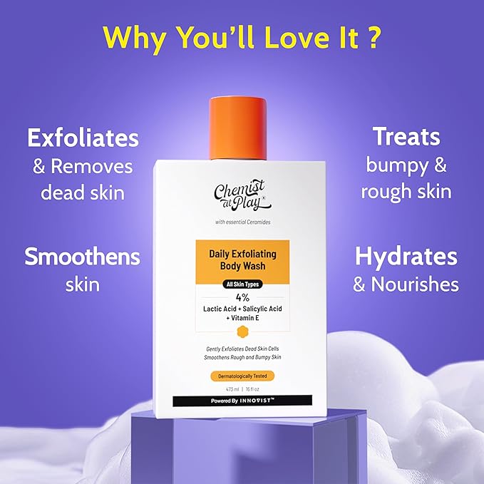 Chemist At Play Body Wash Exfoliating For Dry Rough Bumpy Strawberry Skin With 1% Salicylic Acid 2% Lactic Acid And Ceramides For Men And Women 15.9 Fl oz