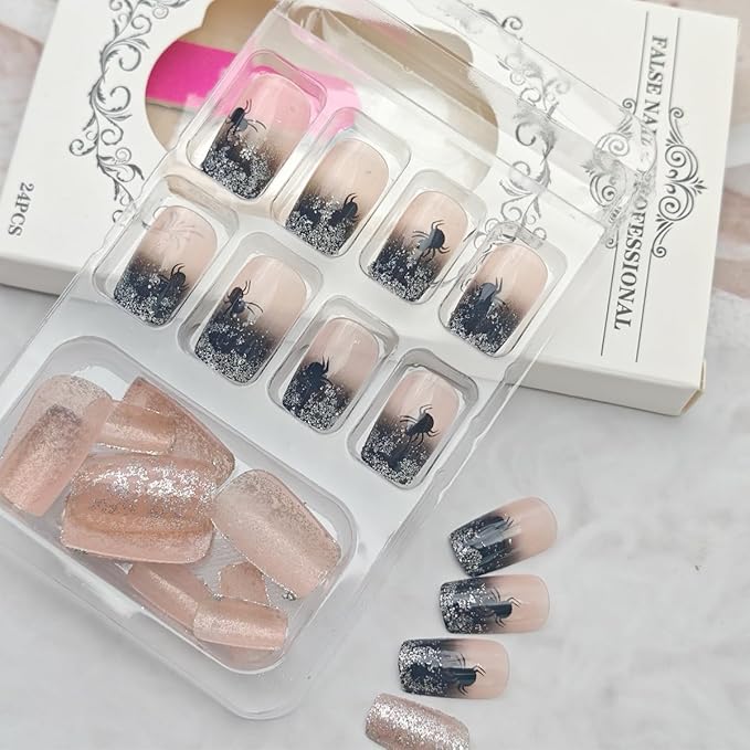 24Pcs Halloween Press on Nails Short Square Spider Web Fake Nails Black Spider with Glitter Tips Full Cover Glue on Nail French Tip False Nails Cute Halloween Stick on Nail for Girls Acrylic Nails