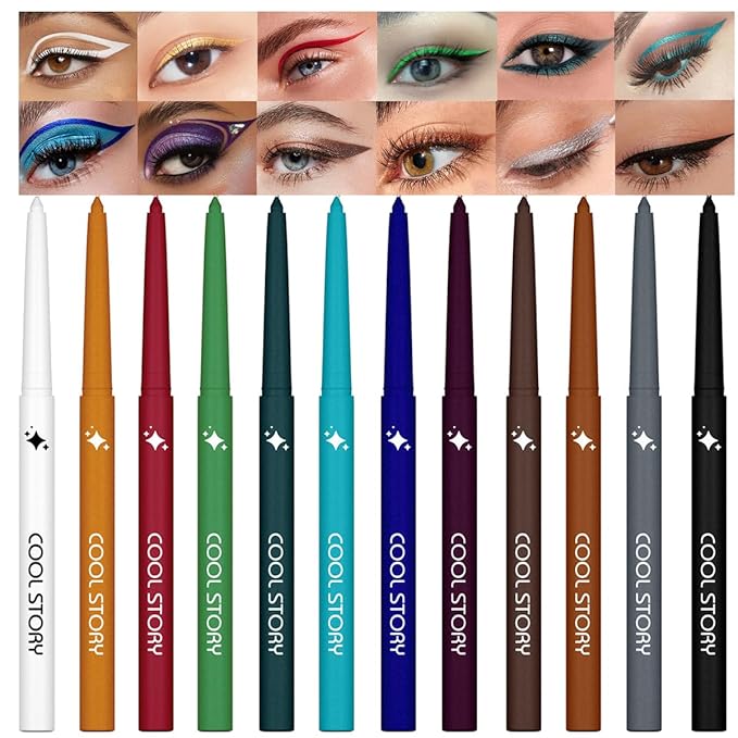 12 Colors Shimmer Eyeliner Pen Set, Waterproof, Long-Lasting, Glitter Eyeliner for Bold Eye Makeup, Metallic Glitter Finish, Eye Liner For Older Women, lapiz de ojos delineador de ojos contra el agua