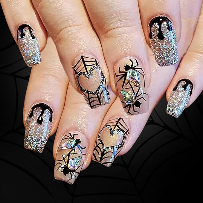24Pcs Halloween Press on Nails Short Square Black Spider Fake Nails with Rhinestones Design Horror False Nails Bloody Drop Full Cover Artificial Tip Glue on Nail Holiday Goth Stick on Nail for Women