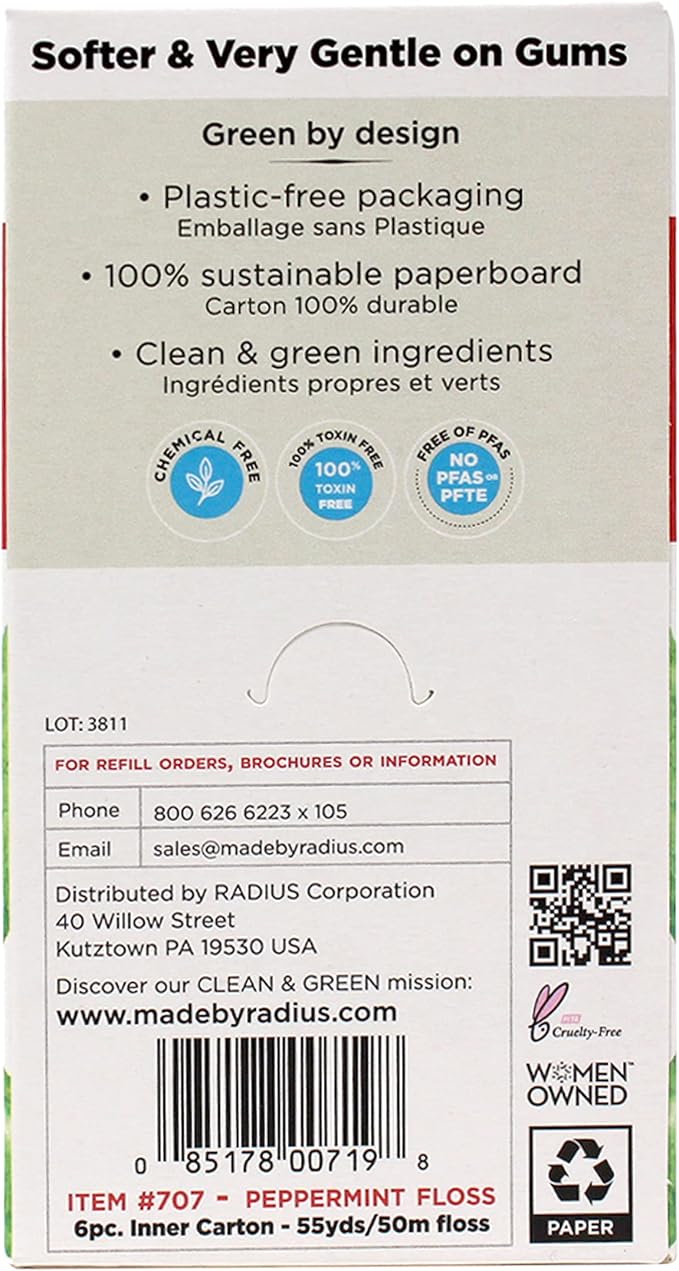 Radius Peppermint Dental Floss 55 Yards Vegan & Non-Toxic Oral Care Boost & Designed to Help Fight Plaque Clear - Pack of 4