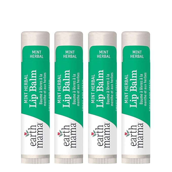 Earth Mama Lip Balm Set | Mint Herbal 4-Pack | Lip Moisturizer with Organic Shea Butter for Sensitive Skin