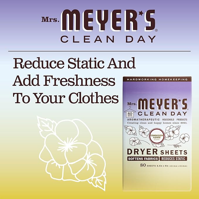 MRS. MEYER'S CLEAN DAY Dryer Sheets, Fabric Softener, Reduces Static, Infused with Essential Oils, Compassion Flower, 80 Count