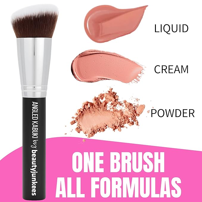 Beauty Junkees Blush Brush Angled for Cheeks - Cream Blush Brush & Bronzer Brush for Liquid, Cream, Powder - Synthetic Bristles, No Shedding