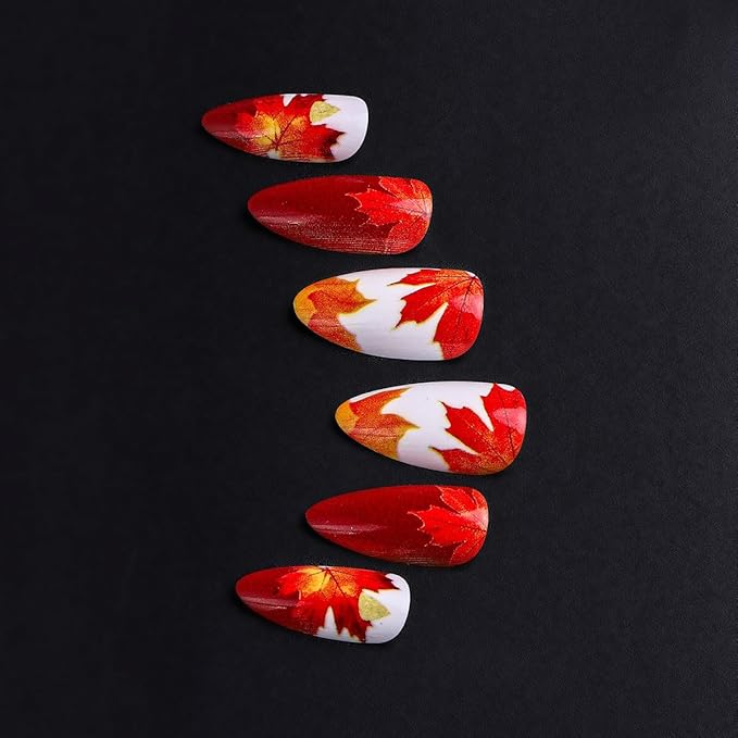 Maple Leaf Press on Nails Medium Almond Fake Nails Fall Nails Press ons Flaming Leaves Design Thanksgiving Acrylic Nail Autumn Glue on Nail Glossy Full Cover False Nail for Women DIY 24Pcs
