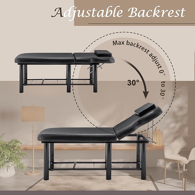 Professional Massage Bed Stationary Adjustable Massage Table Spa Bed 73" x27.5” Physical Therapy Table with Memory Foam Salon Bed w/Removable Headrest Black