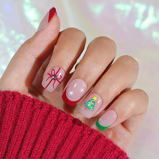Christmas Press On Nails Short - Jofay Fashion French Tip Press On Nails Square for Gifts, Stick On Nails with Glue, Glossy Reusable Nail Tips in 16 Sizes - 32Pcs Soft Gel Fake Nails Kit
