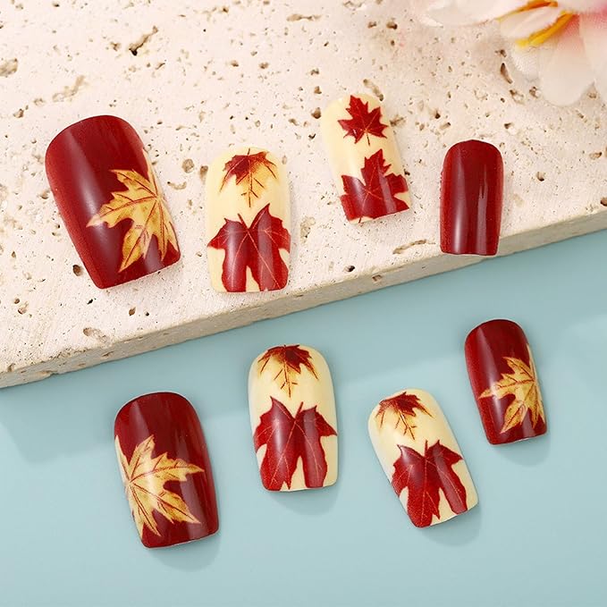 Thanksgiving Medium Square False Nails Maple Leaf Press on Nails Fall Leaves Stick on Fingernails Autumn Gel Glue on Nail 24Pcs Glossy Red Acrylic Fake Nail for Coquette Women Girls