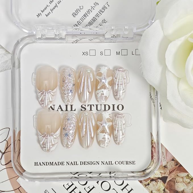 24Pcs Summer Beach Press on Nails Medium Almond French Tip Fake Nails 3D Shell Starfish Rhinestones Designs Full Cover Stick on Nails White Shell False Nails for Women Girls Acrylic Nails Decor DIY