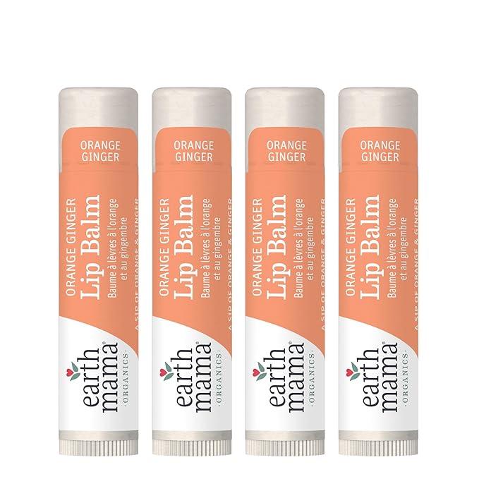 Earth Mama Lip Balm Set | Orange Ginger 4-Pack | Lip Moisturizer with Organic Jojoba Oil for Sensitive Skin