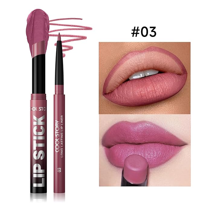 COOL STORY 2 Piece Lip Liner and Lipstick Set, Long Lasting Formula, Professional Makeup Kit (03)