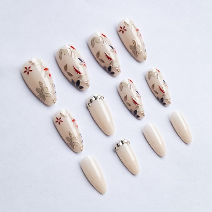 Almond Press on Nails Medium Flowers Fake Nails Glossy Nude False Nails with Floral Acrylic Nails Rhinestone Artificial Nails for Women Girls Nails Decoration 24Pcs