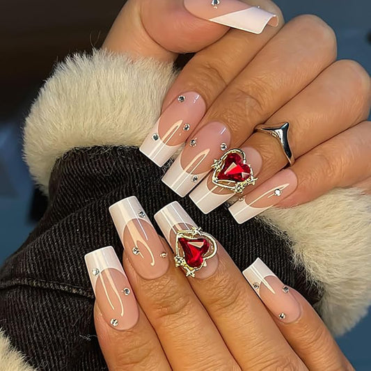 Yivaiks White French Tip Press on Nails Medium Fake Nails With Designs Gem Heart Stick on Nails Full Cover Artificial Nails Press ons Acrylic Nails Kit 24pcs