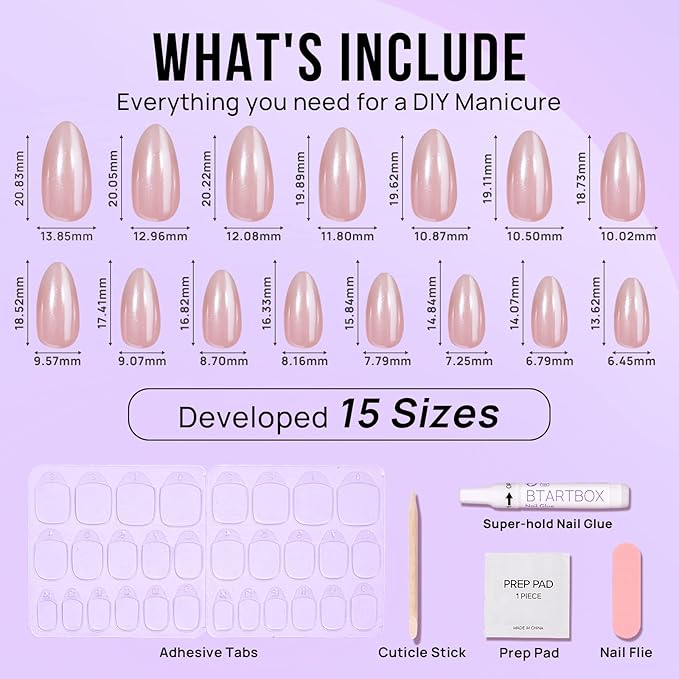 BTArtbox Press On Nails Almond - Short Nude Natural Nails Press Ons, Glue On Nails for Wedding Birthday Gift, Supremely Fit & Glossy Stick On Nails in 15 Sizes - 30 Nail Kit, Nudies