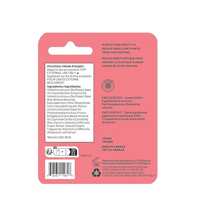ATTITUDE Plastic-free Lip Balm, EWG Verified Plant- and Mineral-Based Ingredients, Vegan and Cruelty-free Personal Care Products, Watermelon, 0.3 Oz