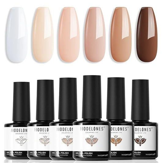 modelones Gel Nail Polish Set- 6 Colors White Nude Brown Gel Polish Skin Tone Neutral Beige Tan Taupe Nail Polish Kit Popular Fall Winter Soak Off Soapnails Nail Art Manicure DIY Salon Gift for Women
