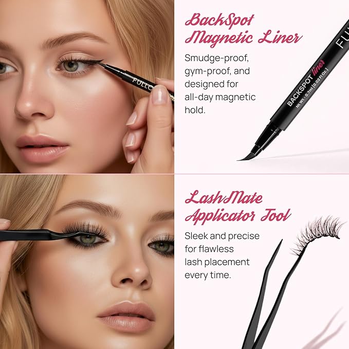 Full Out Glam Magnetic Eyelashes and Eyeliner Kit - Contains 3 Styles of Reusable Magnetic Lashes, LashMate Applicator, BackSpot Liner - Easy to Wear, No Glue Needed, Performance Gift Set