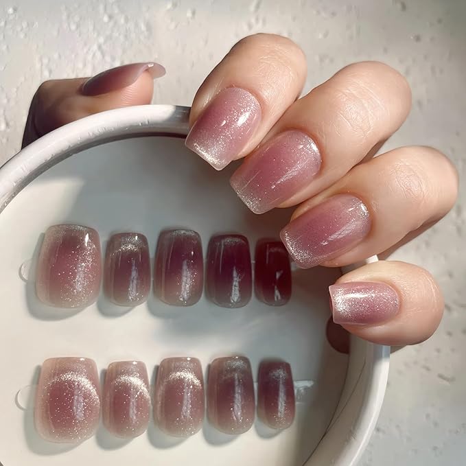 30Pcs Mauve Plum Cat Eye Press On Nails Short Square | French Fake Nails with Glue, File & Tools | Reusable Soft-Fit Nail Tips in 12 Sizes for Women