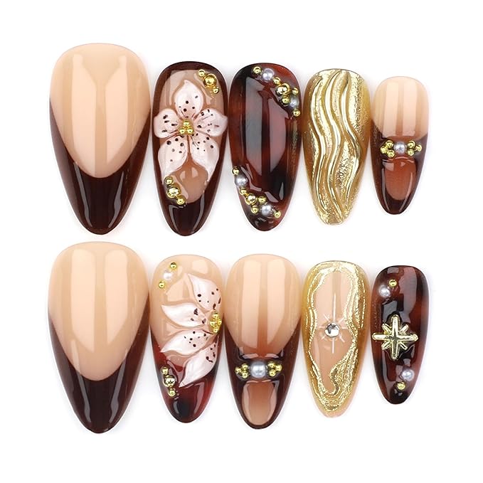 Fall Press on Nails Brown French Tip Fake Nails with Gold Charm Designs Medium Almond Handmade Glue on Nail Tortoiseshell Leopard False Nails 3D Floral Stick on Nails for Women 24Pcs