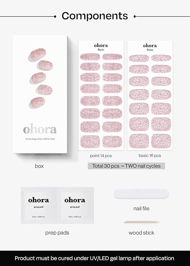 ohora Semi Cured Gel Nail Strips (N Pixie Dust) - Nude, Glitter, Works with Any UV/LED Lamps, Salon-Quality, Long Lasting, Easy to Apply & Remove - Includes 2 Prep Pads, Nail File & Wooden Stick
