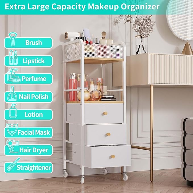 HapiRm Rolling Makeup Cart Organizer - Floor Skincare Make Up Storage with 3 Drawers, Vanity Organizer Cosmetic Display Cases Holder for Skin Care Perfume Nail Polish Brush Hair Tool