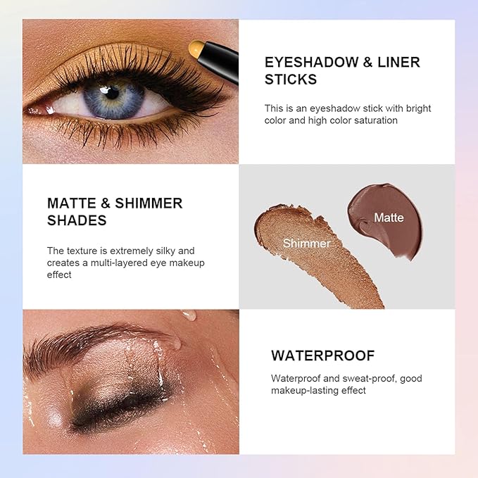 Eyeshadow Stick, Shimmer and Matte Cream Eye Shadow Brightener Sticks Eyeliner Pencil Crayon, Waterproof Long Lasting Eye Highlighter Stick Makeup,0.056 Oz(#6-Oyster)