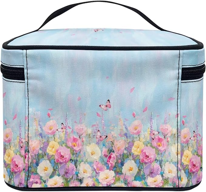 Butterfly Vibrant Rose Floral Print Travel Makeup Bags for Women Portable Tote Cosmetic Case with Carry Handle Toiletry Accessories Storage Organizer Bags