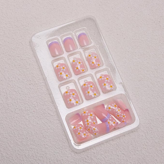 French Tip Press on Nails Short Square Fake Nails Flowers Acrylic Nails Floral False Nails Press ons Glossy Stick on Nails Cute Artificial Nails for Women Girls Nails Decoration Manicure 24Pcs