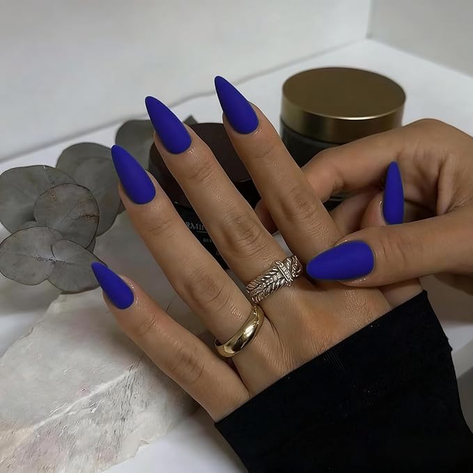 48Pcs Matte Royal Blue Press on Nails Almond Fake Nails Glue on Nails Medium Length Almond Shaped Nails Press ons, Stiletto False Nails for Women, Medium Almond Nails, Thick Natural Acrylic Gel Nails