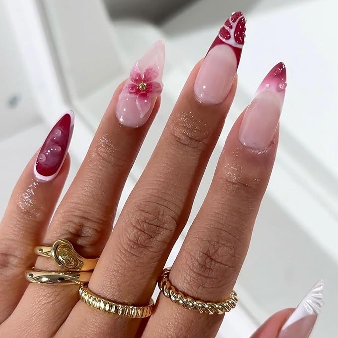 Red French Tip Press on Nails Medium Almond Fake Nails with 3D Flower Designs Summer False Nail Tips Glue on Nails Acrylic Full Cover Stick on Nail for Women Quick Manicure Kit 24Pcs