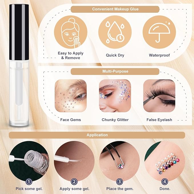 Colorful Face Gems for Makeup Set, Flatback Gorgeous Glass AB Gems+Mixed-Colored Crystals with Picker Pencil, Makeup Glue, Dual-End Dotting Tool, Tweezer for Eye Body Hair Make-up and Nail Art Deco