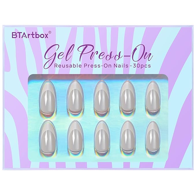 BTArtbox Press On Nails Almond - White French Tip Soft Gel Nails, Chrome Glue On Nails for Gifts, Natural Reusable Glazed Stick On Nails in 15 Sizes - 30 Fake Nails Kit, White Swan