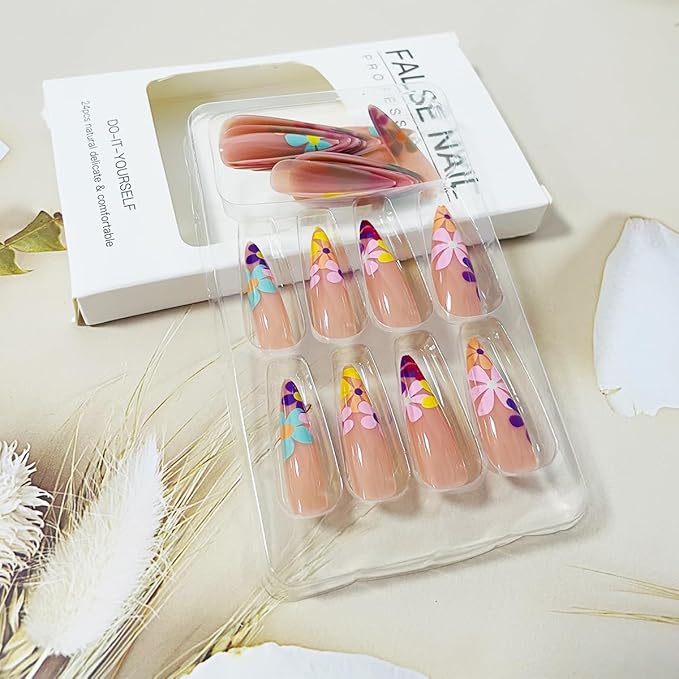 24 Pcs Nude Pink Press on Nails Long Stiletto With Daisy Flower Tips - Glue on Colorful Dopamine Exquisite Design Glossy Acrylic Almond False Nails for Women Summer Nail Art